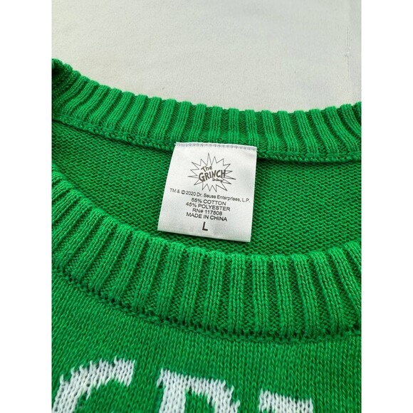 Ugly Christmas Resting Grinch Face Sweater Green Crew Neck Large Holiday - Picture 2 of 5